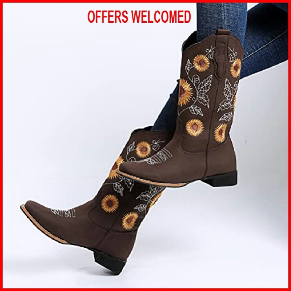 Women's Mid Calf Cowboy Boots Sunflower Embroidery Low Heel Square Toe - Picture 6 of 8